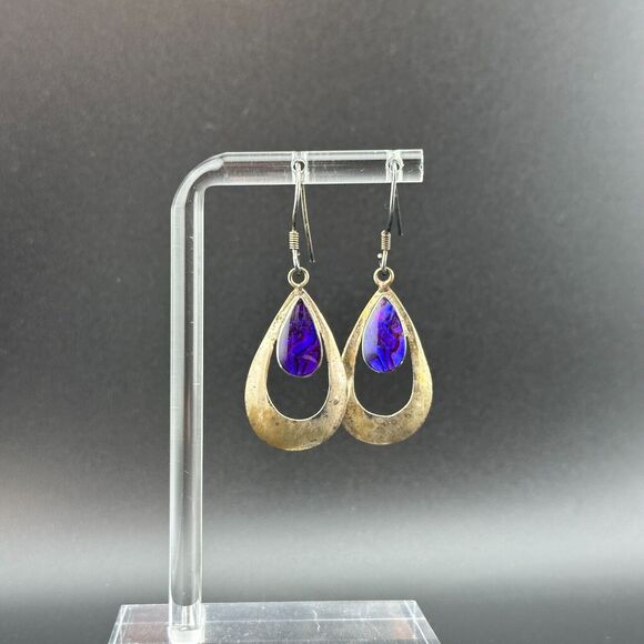 Vintage 925 Silver Purple Abalone Shell MOP in Resin Dangle Hook Earrings 1.75" - Picture 4 of 12